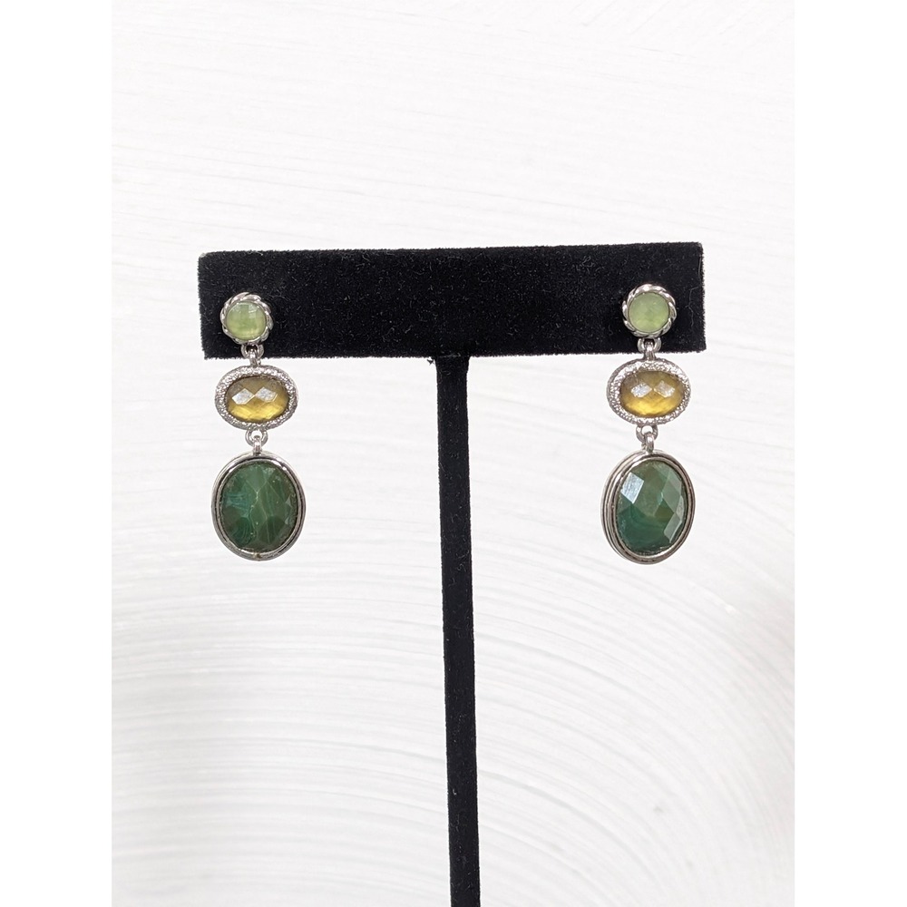Silver Tone Green Faceted Cabochon Dangle Earrings Acrylic Drop
